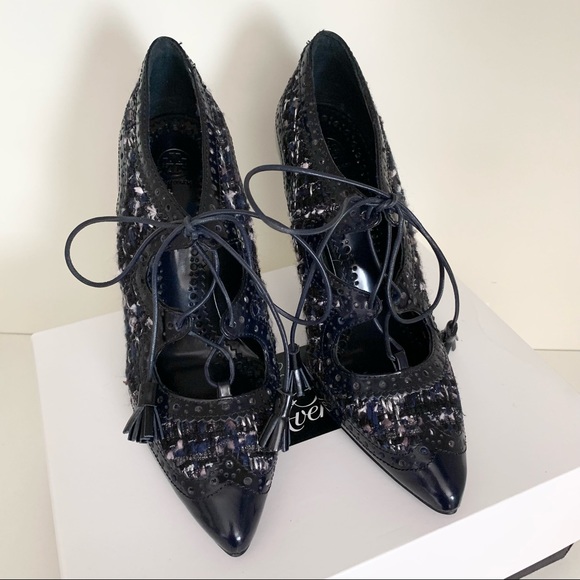 Tory Burch tweed tassel lace up oxford heels - Picture 6 of 16